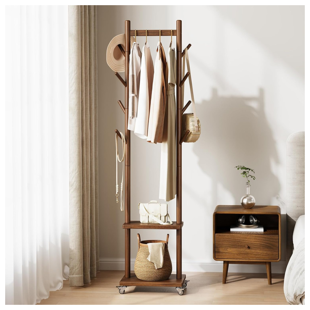 70.3" Yoobure Solid Rubberwood Freestanding Rolling Coat Rack