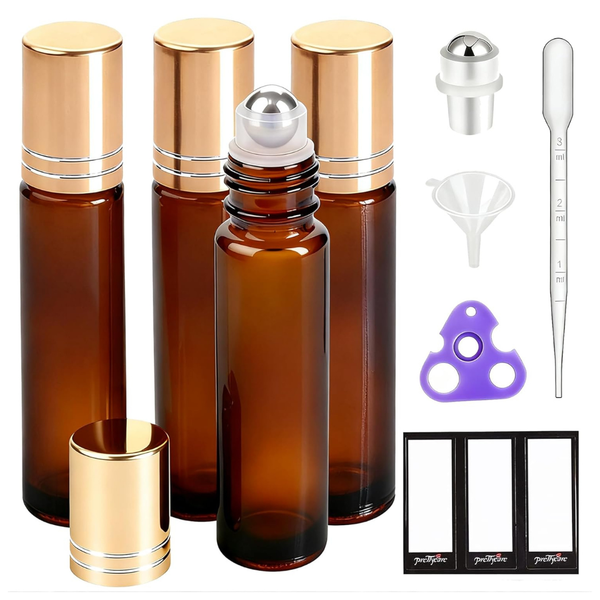 4-Pack PrettyCare Amber Glass Oil Roller Bottles