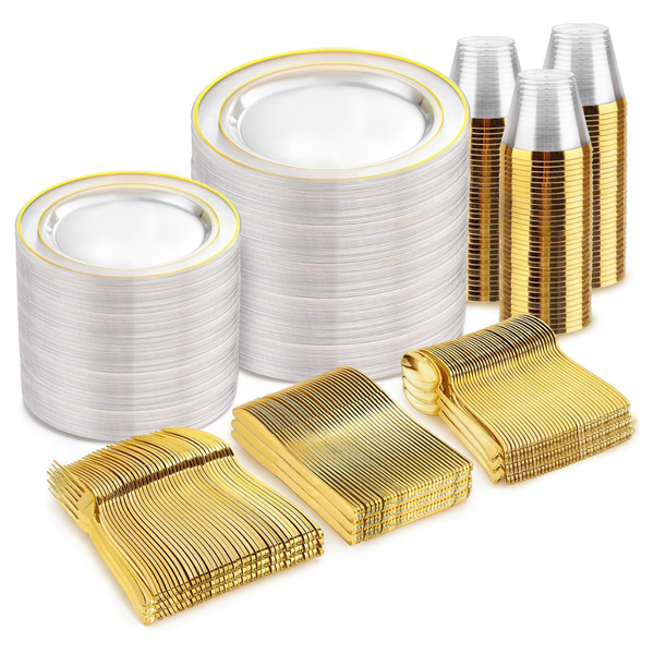 600-Pieces Clear Gold Trim Disposable Dinnerware Set