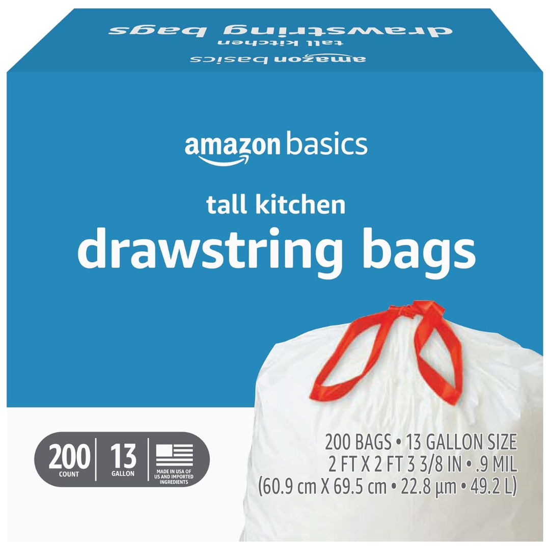 200-Count Amazon Basics 13 Gallon Kitchen Drawstring Trash Bags