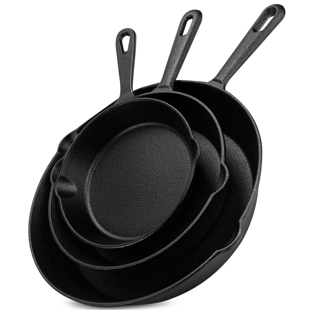 3-Piece Utopia Kitchen Cast Iron Skillet Set (10", 8", 6")