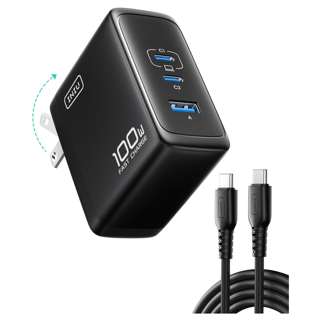 100W 3-Port Compact Foldable GaN USB-C Wall Charger With Cable