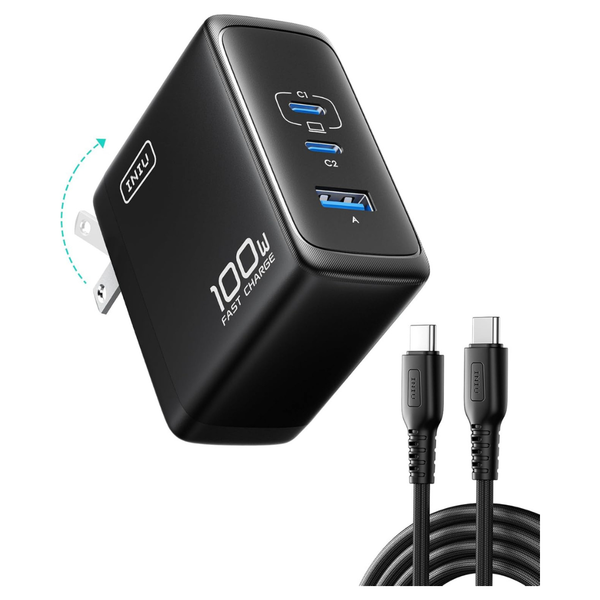 100W 3-Port Compact Foldable GaN USB-C Wall Charger With Cable