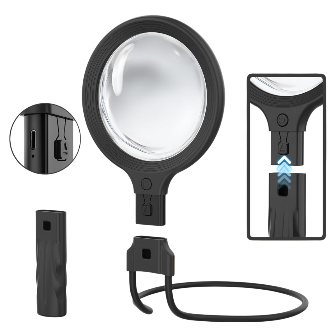 5.5" 5X Handheld Neck-Worn Magnifying Glass With Light