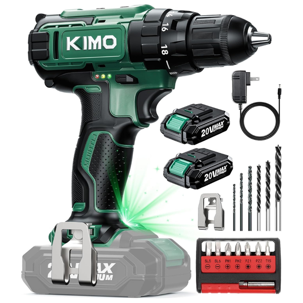 Cordless Drill Set With 2 x 20V 2.0Ah Battery & 18-Piece Accessories