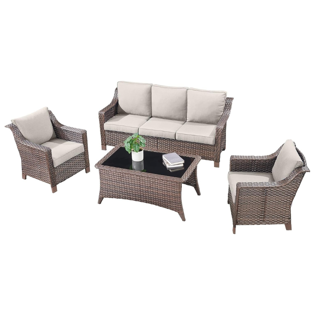 4-Piece Outdoor Rattan Wicker Sofa Set With Chairs