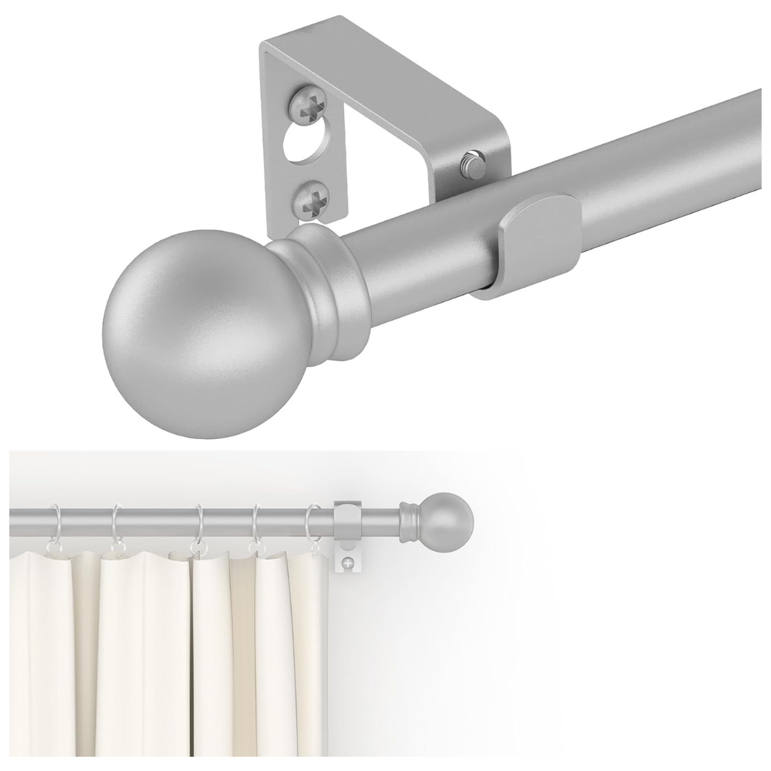 5/8" Decorative Silver Heavy Duty Metal Curtain Rod Set W/ Brackets