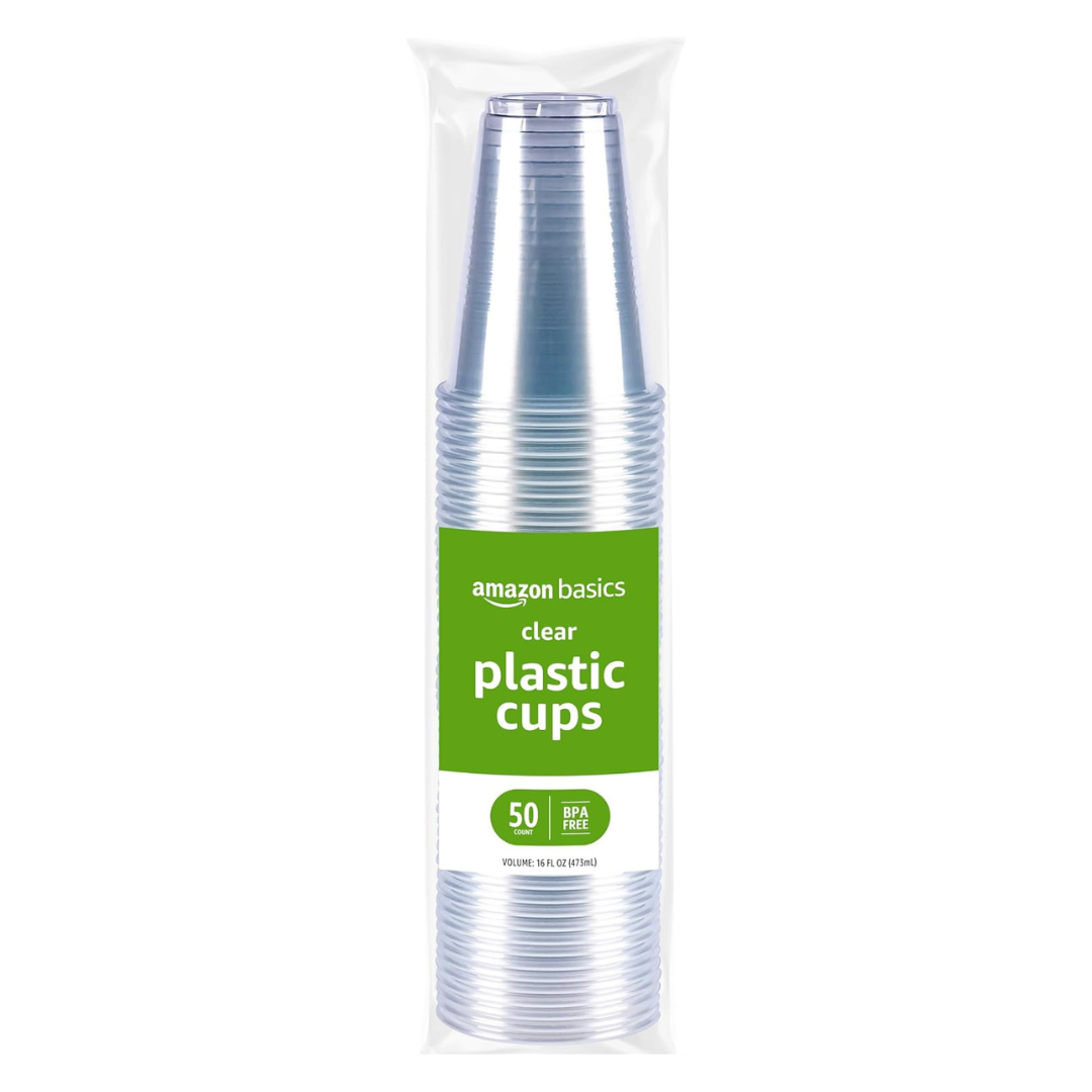 50-Count Amazon Basics Disposable Clear Plastic Cups (16-Oz)