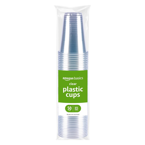 50-Count Amazon Basics Disposable Clear Plastic Cups (16-Oz)