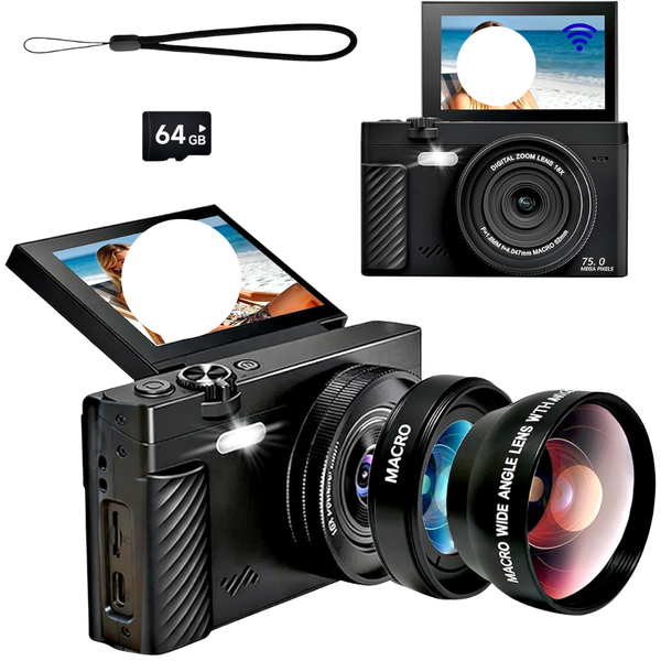 4K 64MP Vlogging Camera With 180 deg. Flip Screen, WiFi & 18X Zoom Kit