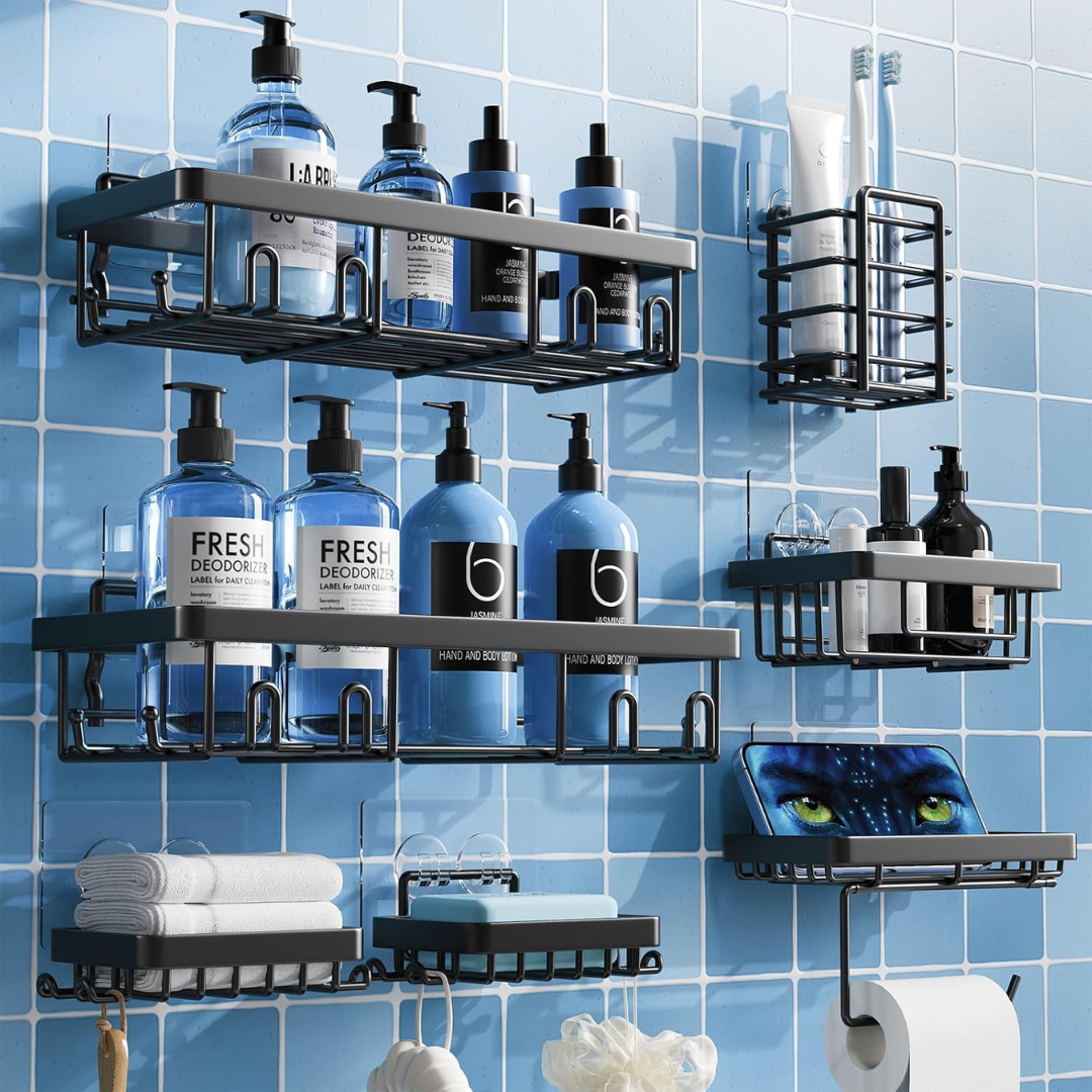 7-Pack Shower Caddy Adhesive Bathroom Organizer Set (Black)