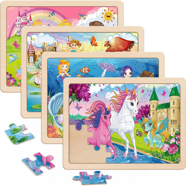 4-Pack Kids Wooden 24-Piece Jigsaw Puzzles Set