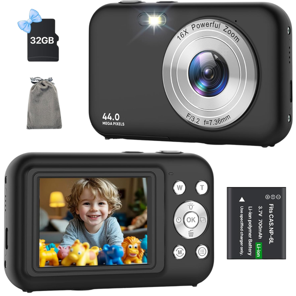 44MP 1080P FHD Kids Digital Camera W/ 16X Zoom & 32GB Card