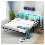 3-in-1 Metal Sofa Bed Twin Daybed Pop Up Trundle W/ Charging Station