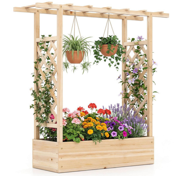 Wooden Raised Garden Bed With Trellis