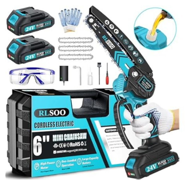 6" Rlsoo Cordless Electric Mini Chainsaw (2 Batteries, 3 Chains)