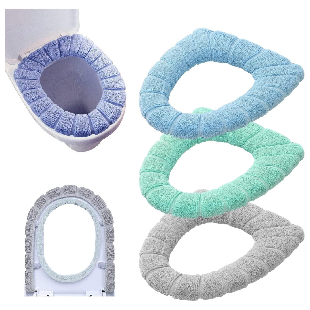 3-Pc Bathroom Soft Thicker Stretchable Washable Cloth Seat Cover