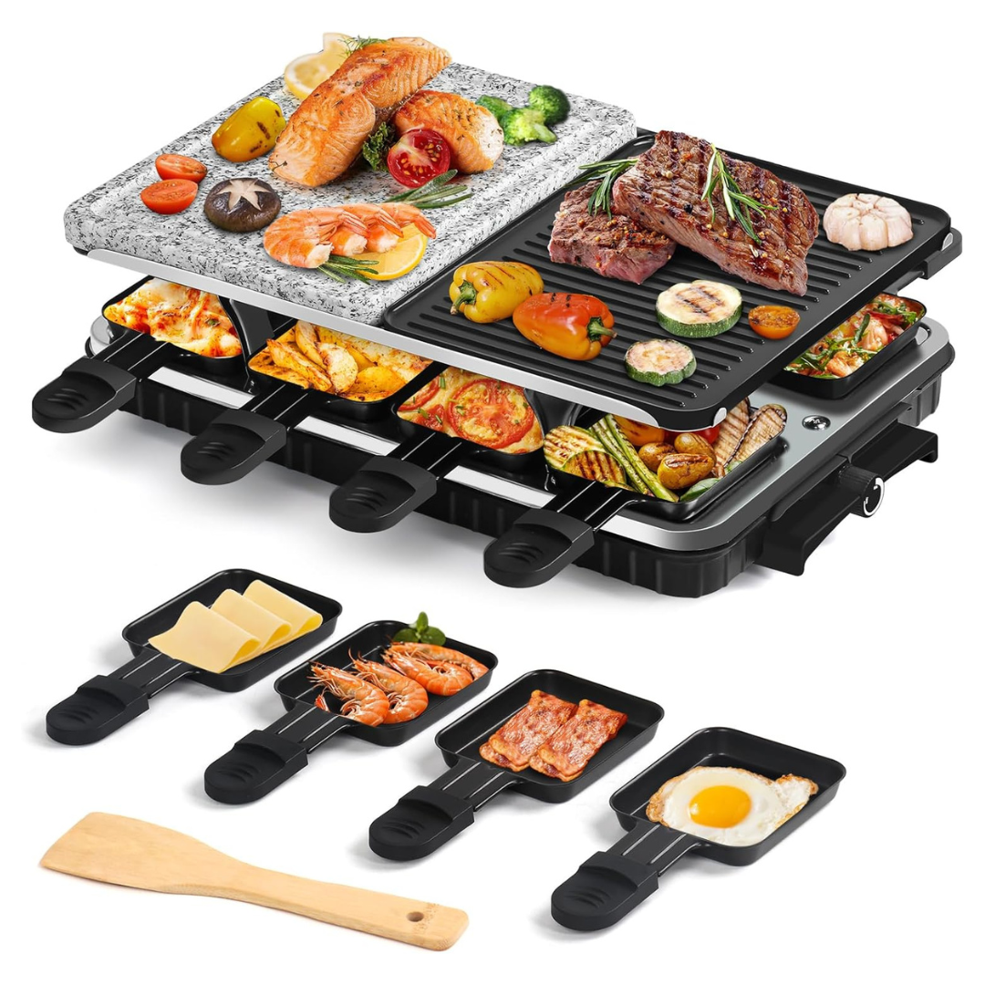 Voohek Electric Smokeless Nonstick Grill W/ Raclette Cheese Pans & Spatula
