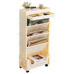 5-Tier Rolling Utility Book Cart W/ Wheels & Divided Top Shelf (Beige)