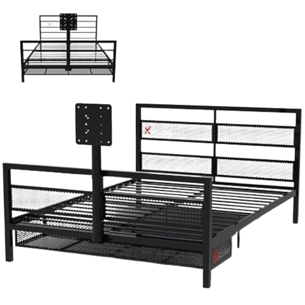 Basecamp Full Size Metal Mesh Frame Bed With Rotating TV Mount