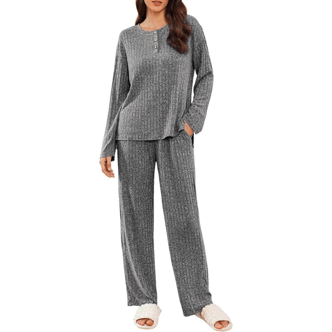Ekouaer Women's Long Sleeve Ribbed Knit Lounge Set