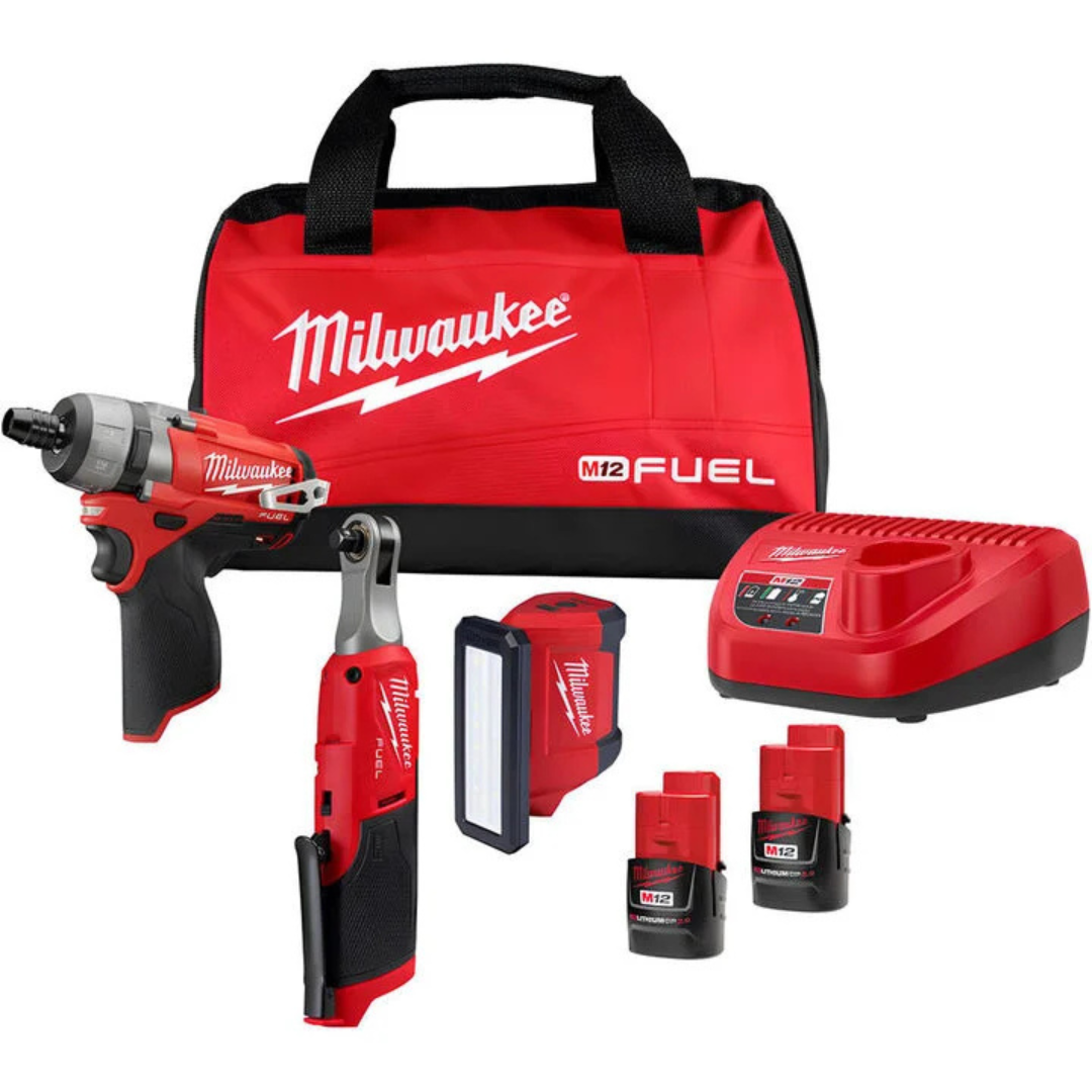 3-Piece Milwaukee M12 Combo Kit With 3/8" Ratchet, Screwdriver & Rover Light