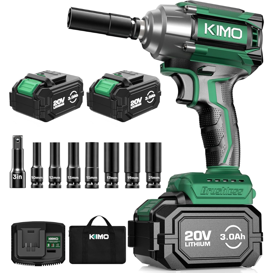 KIMO 1/2 Cordless Impact Wrench With 7 Drive Impact Sockets