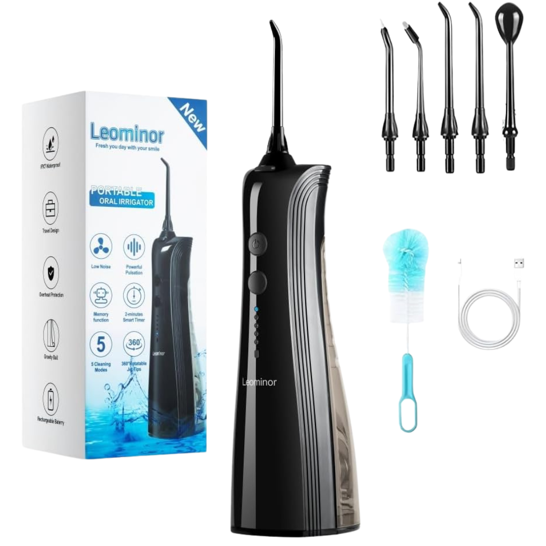 Leominor 230ml Cordless Rechargeable Water Dental Flosser (Black)