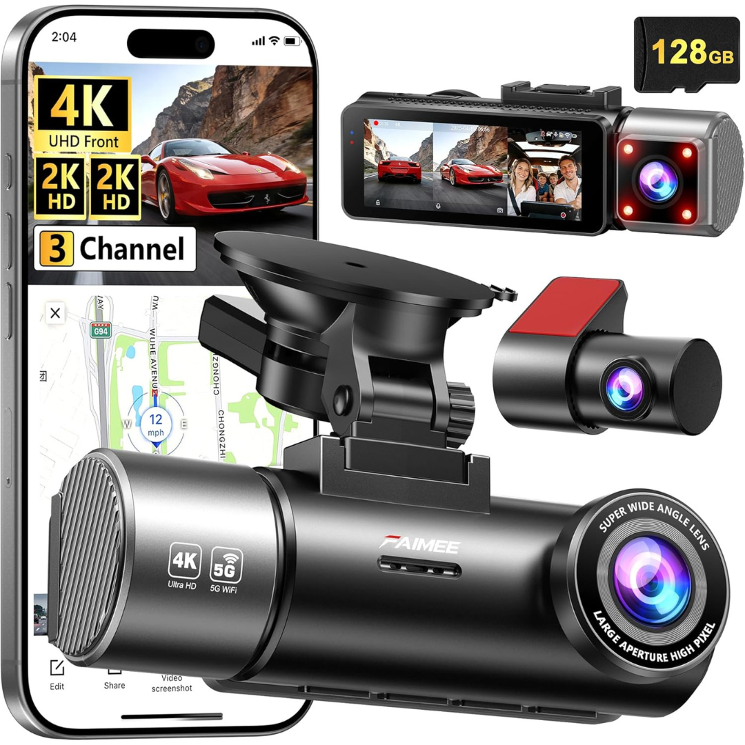 4K+2K+2K 3-Channel Dash Camera W/ 128GB Card And Built-in GPS