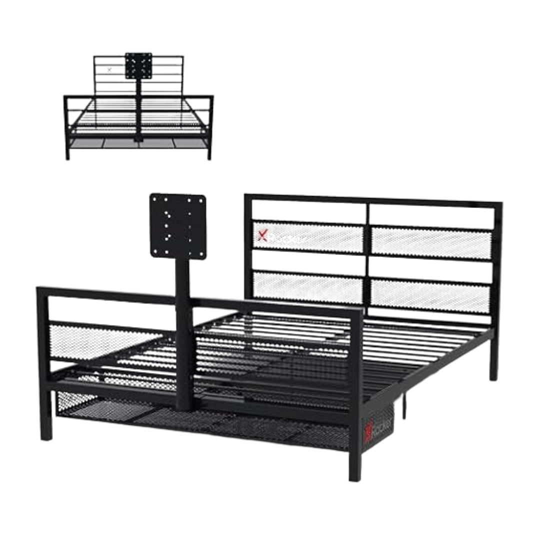 Basecamp Full Size Metal Mesh Frame Bed With Rotating TV Mount