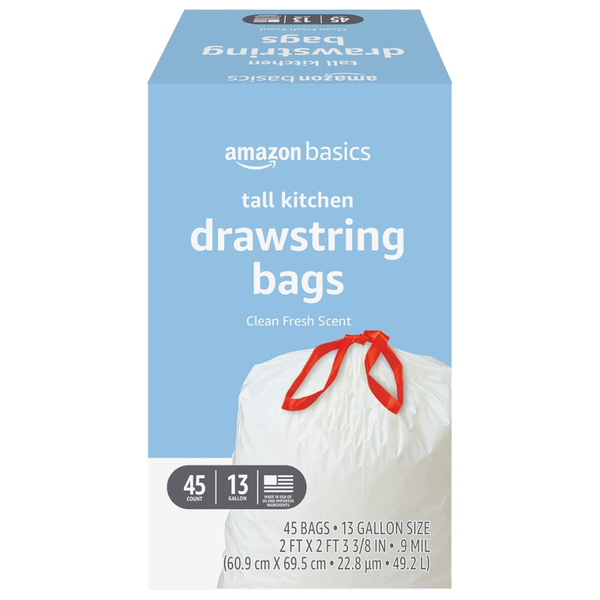 45-Count 13-Gal Amazon Basics Tall Kitchen Drawstring Trash Bags