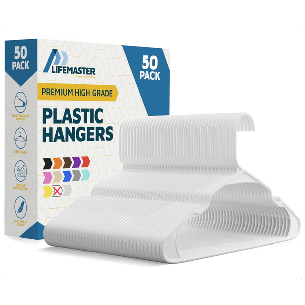 50-Piece LifeMaster Lightweight White Plastic Clothes Hangers Set