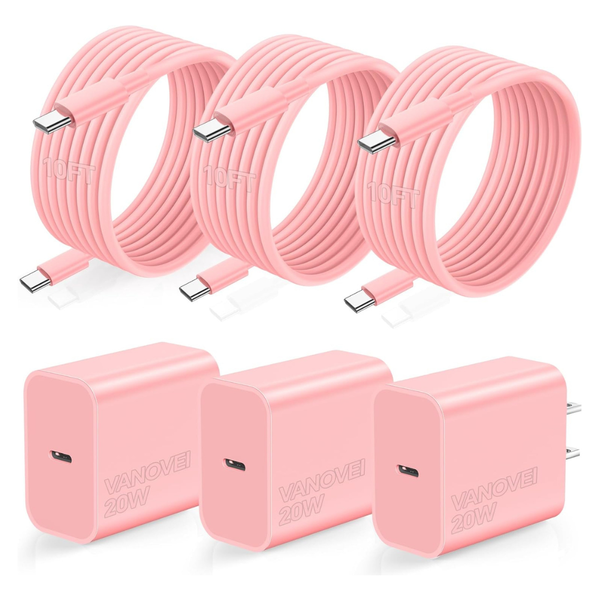 3-Pack 20W USB C Wall Charger W/60W 10' USB C Cables