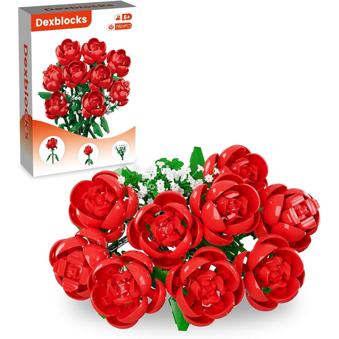 780-Piece Dexblocks Red Rose Building Flower Bouquet Kit