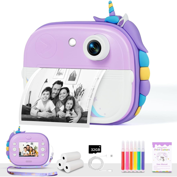 Kids Instant Print Camera Toy With 3 Paper Rolls & 32GB Card