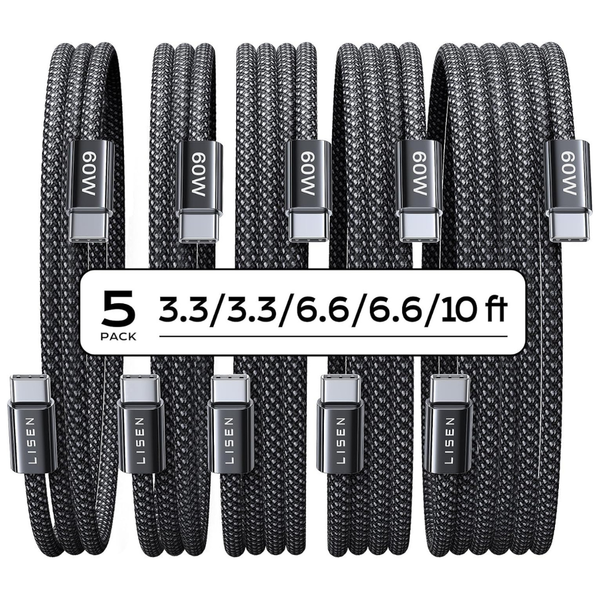 5-Pack Lisen 60W USB-C Braided Charger Cables (3.3/3.3/6.6/6.6/10 ft)