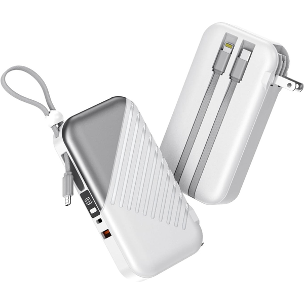 10000mAh Portable USB C 27W Power Bank with Built in Cable