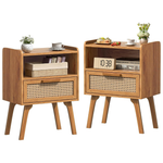 Set of 2 Mid Century Modern Rattan Side Table with Drawer