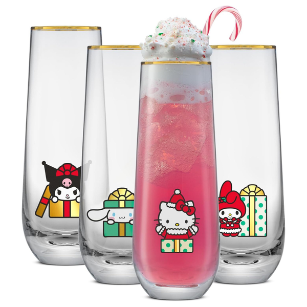 4-Count 9.5-Oz Hello Kitty & Friends Holiday Stemless Flutes Drinking Glasses Set