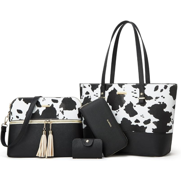 4-Piece YTL Women's Fashion Handbags (Cow-Black-c/Brown-c)