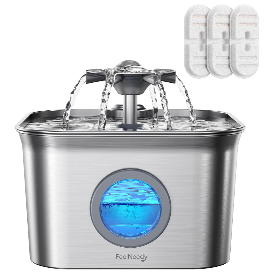 2.8L Feelneedy Stainless Steel Pet Water Fountain w/ 3-Count Filters