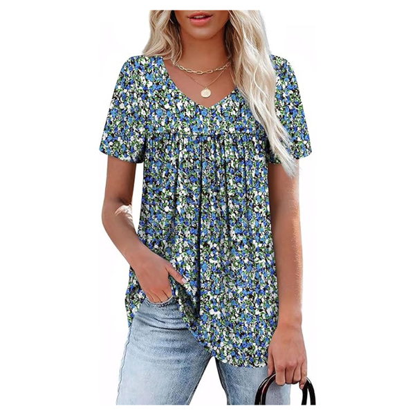 Women's Trendy Short Sleeve Floral V-Neck Pleated Summer Tops