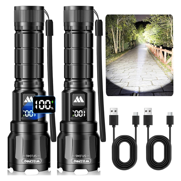 2-Pack USB-C Rechargable LED Tactical Flashlight W/ Zoom & 3-Modes