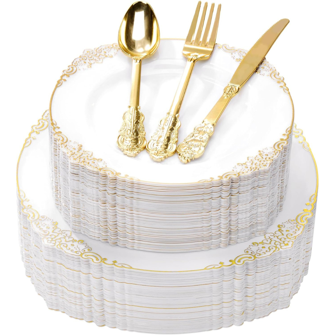 250-Piece Heavy Duty White & Gold Rim Disposable Dinnerware Set