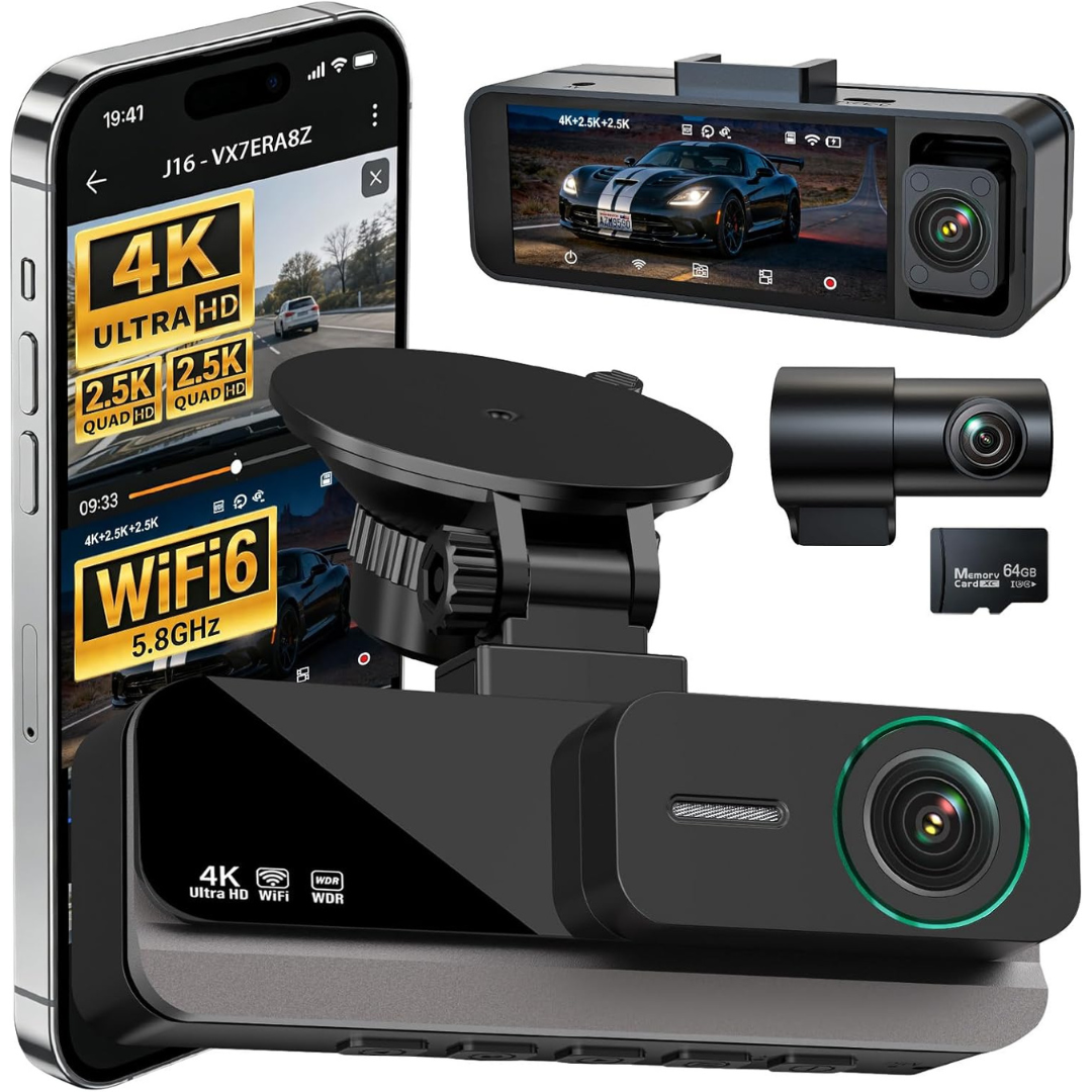 3-Channel 4K+2.5K+2.5K Front & Rear Dash Cam W/ 64GB Card
