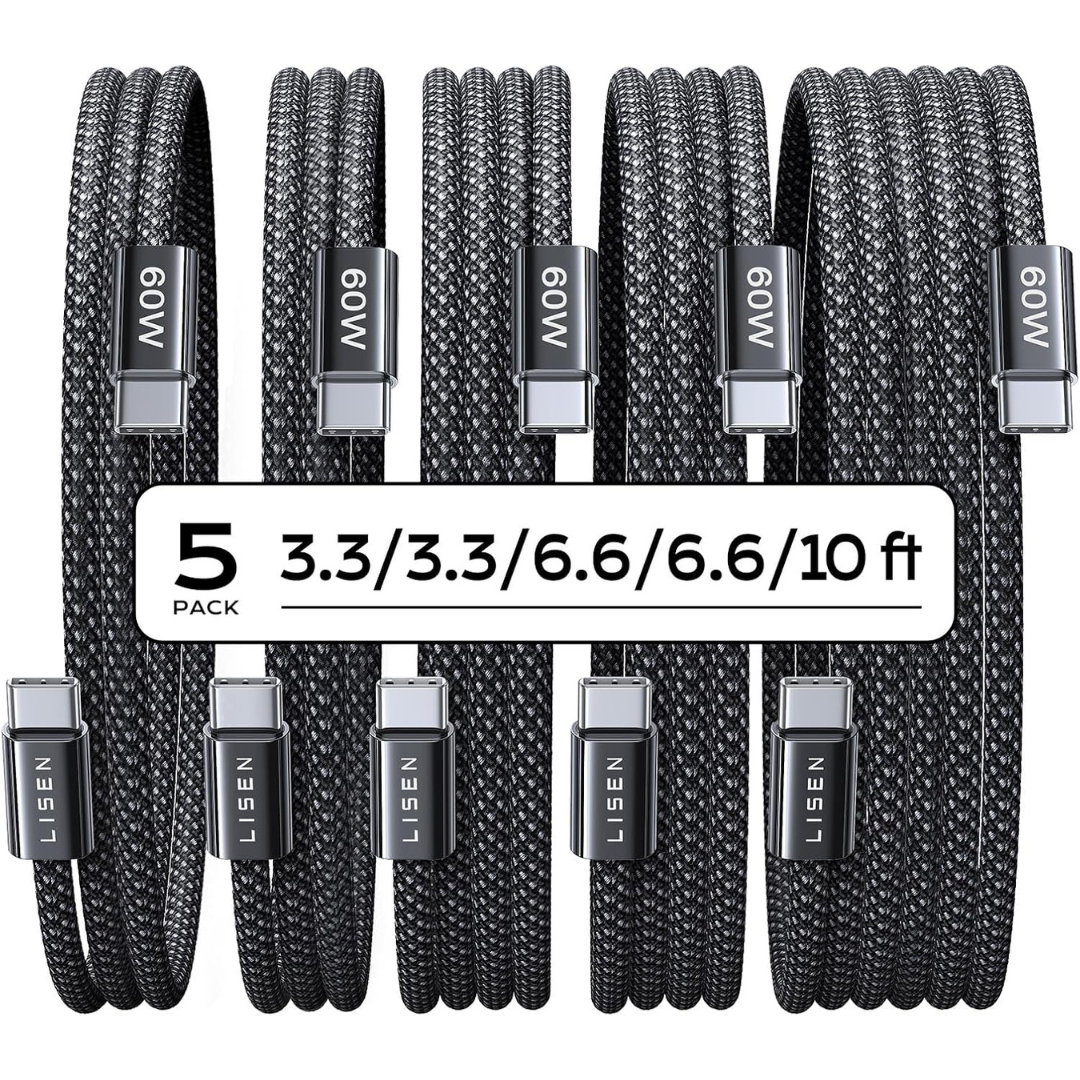 5-Pack Lisen 60W USB-C Braided Charger Cables (3.3/3.3/6.6/6.6/10 ft)