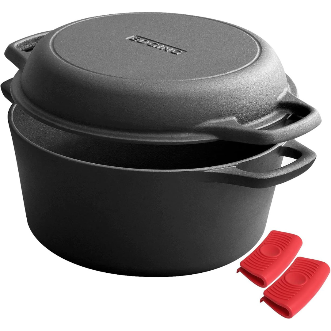 2-in-1 Pre-Seasoned 5-Qt Cast Iron Dutch Oven Pot W/ Skillet Lid