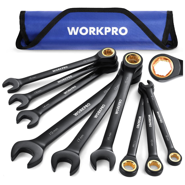 9-Piece WORKPRO Metric 72-Tooth Ratcheting Wrench Set (8-19mm) w/ Pouch