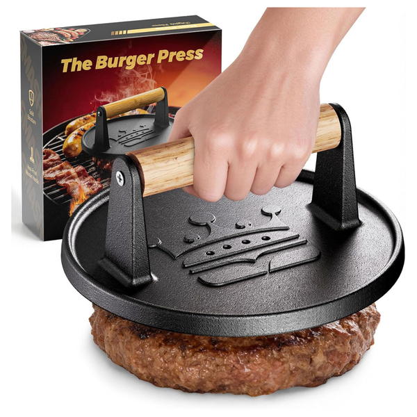 6.5" Cast Iron Burger Press With Wooden Handle (1.74 lb)
