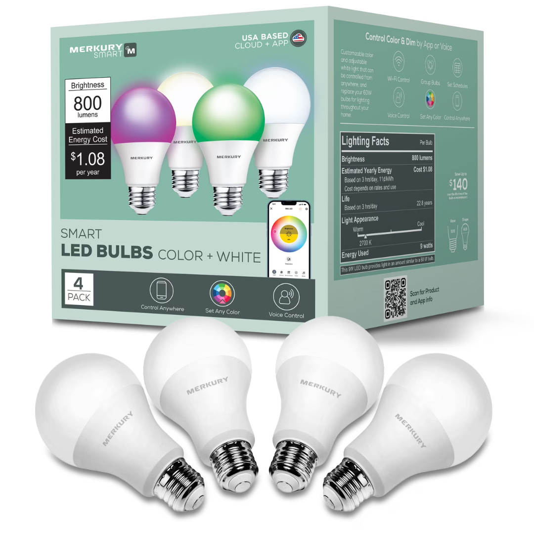4-Pack Merkury 9W E26 Base Smart LED Bulbs